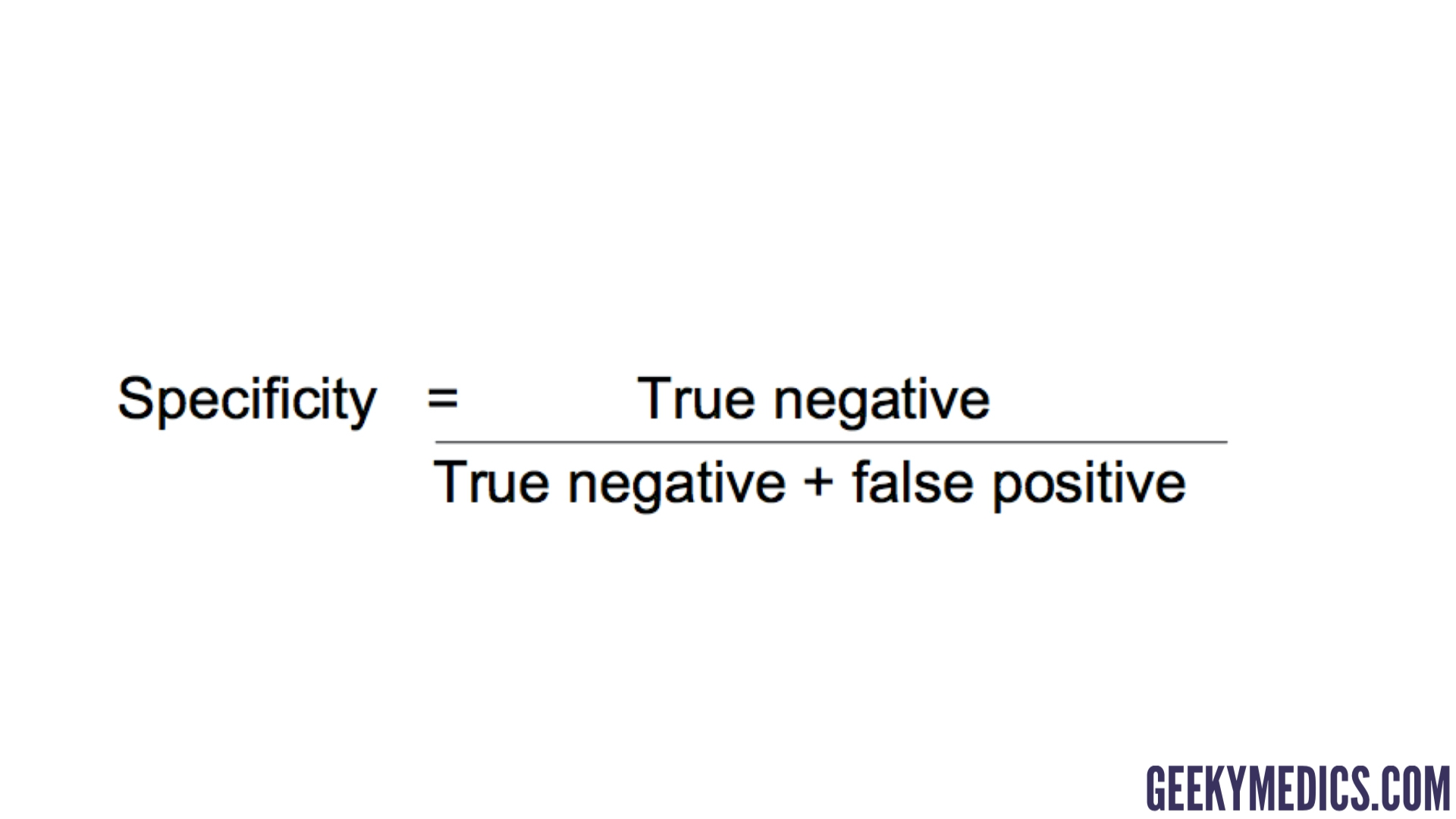 <p>a statistical measure of how well a test can identify people who do not have a condition</p><p>P(Test Negative | No Disease)<br>= Number who tested negative <strong>and</strong> don’t have disease / Total number who <strong>don’t have disease</strong></p>