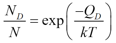 <p>ND - number of defects</p><p>N - number of lattice cites</p><p>QD - activation energy (energy required to create defect) [J, eV]</p><p>k - 1.38×10<sup>-23</sup> J/atomK or 8.62×10<sup>-5</sup> eV/atomK</p><p>T -  temperature [K]</p>