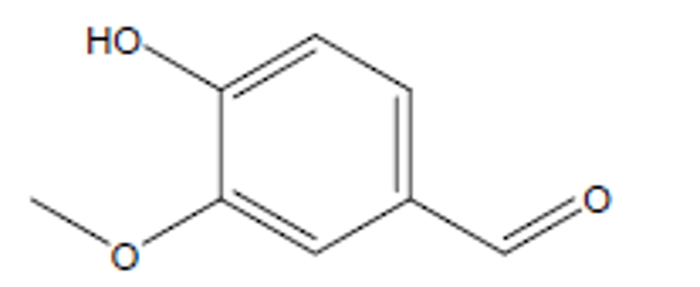 <p>aromatic compound found in vanilla extract; commonly used for flavoring, baking, and perfume industry; starting material for L-dopa to treat Parkinson's disease; 152.15 g/mol; 81-83°C; d 1.056 g/mL</p>
