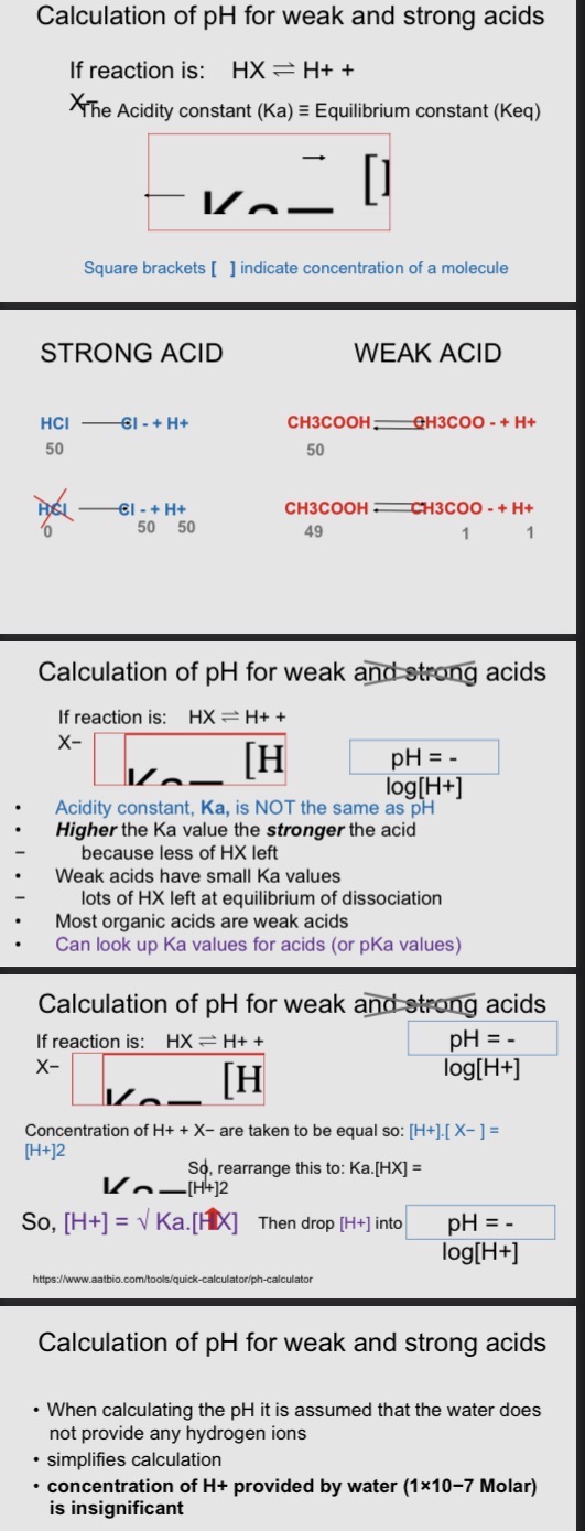 <p>Weak acids:</p><ul><li><p>CH3COOH  + H+ =&gt; CH3COO- + H2O</p></li><li><p>CH3COOH(aq) + H2O(l) =&gt; CH3COO-(aq) + H3O+(aq)</p><p>&gt; H3O+ is an hydronium ion</p><p></p></li><li><p>Weak acids: dissociation reaction does not go to completion - unrequited acid remains in solution </p></li><li><p>An equilibrium is reached between the hydrogen ions and the conjugate base </p></li><li><p>Reaction is: HX =&gt; H+ + X-</p></li><li><p>For methanoic acid: HCOOH(aq) =&gt; H+ + HCOO-</p></li><li><p>To calculate pH need to know balance of equilibrium reaction (equilibrium constant) - called Aciditiy contact (Ka)</p></li></ul><p></p><p>=&gt; is reversible arrows </p><p></p><p></p><p></p>