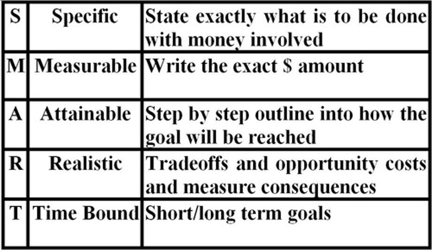 <p>specific, measurable, attainable (action), realistic, time bound</p>