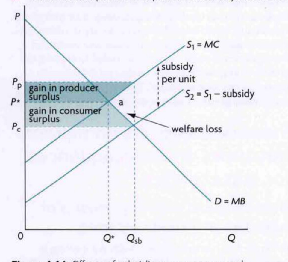 <ul><li><p>Producer surplus gained is bcs of the subsidy they get</p><ul><li><p>Producer rev = Pp x Qsb</p></li></ul></li><li><p>Consumer surplus gained bcs of lower price</p></li><li><p>Calculating</p><ul><li><p>just add on the surplus</p></li><li><p>Producer: ((Pp - S1 int)  x Qsb)/2</p></li><li><p>Consumer: ((D int-Pc) x qsb)/2</p></li></ul></li><li><p>Foreign producers cannot compete with lower price</p><p></p></li></ul>