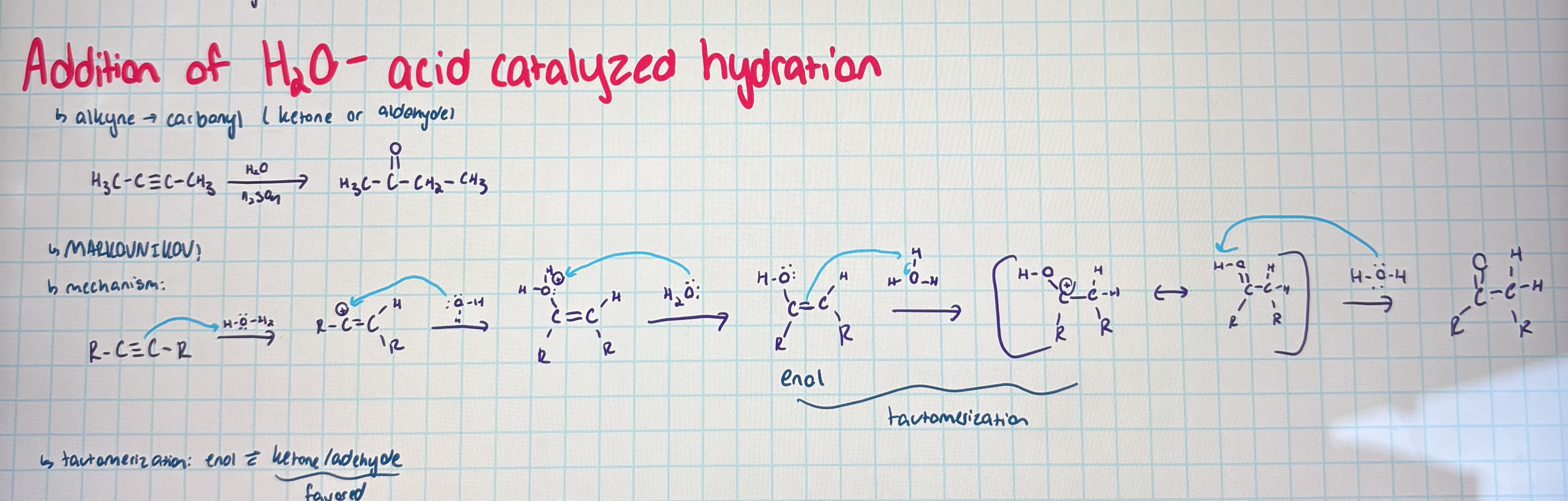 <ul><li><p>markovnikov</p></li><li><p>turns alkyne into a carbonyl </p></li><li><p>tautomerization: enol in equilibrium with a carbonyl (carbonyl is favored) </p></li></ul><p></p>