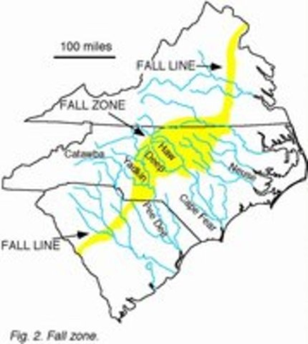 <p>a boundary in the eastern United States where rivers cross the higher, harder, crystalline rock of the Piedmont and drop to the lower, softer, sedimentary rock of the Atlantic Coastal Plain due to increased weathering and erosion.</p>