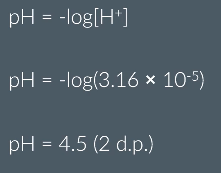 <p>The Ph is determined by -log [concentration of H+ ions]</p>
