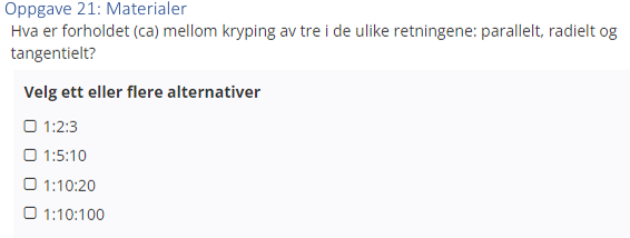 <p>(Materialer: bank) Hva er forholdet (ca) mellom krymping av tre i de ulike retningene: parallelt, radielt og tangentielt?</p>