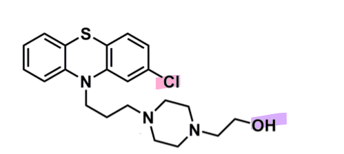 <ul><li><p>pharmacophore: phenothiazine</p></li><li><p>EWG chlorine @ C2</p></li><li><p>piperazine + alcohol after 3C spacer&nbsp;</p><ul><li><p>more lipophilic so less CNS side effects</p></li><li><p>enhances binding affinity to D2&nbsp;</p></li></ul></li></ul><p></p>