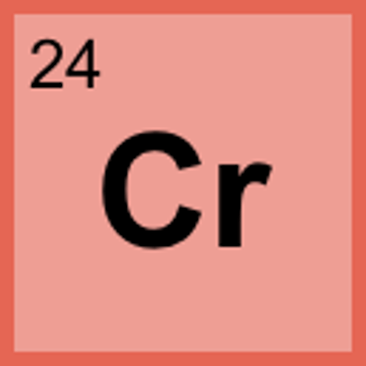 <p>Symbol: Cr<br>Atomic Mass: 52.00<br>Atomic Number: 24</p>