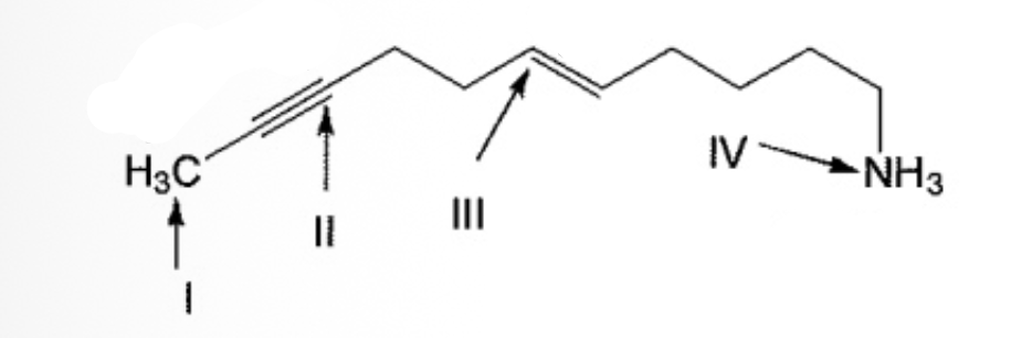 <p> What is the correct order of hybridization state for the numbered atoms in the following compound?</p>