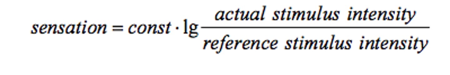 <p>Describes the relationship between the intensity of the stimulus and the perceived sensation. Relative change of the stimulus is proportional to the change in sensation intensity. This law is only valid for sensations between 100-1000 Hz but fails at lower or higher frequencies.</p>