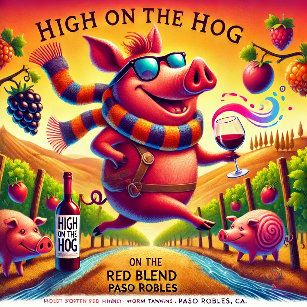 The scene features blackberry and plum characters riding on a cheerful cartoon hog with sunglasses and a scarf, embodying the wine's robust and fun personality. Warm spice swirls float in the air, while a rich wine river flows past soft, cushiony tannin creatures relaxing by the bank. The glowing sunset with the hog and fruit characters riding off symbolizes the pleasant and lingering finish, capturing the wine's vibrant and inviting essence.