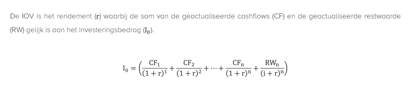 <p>Hoe wordt de interne opbrengstvoet (IOV) berekend?</p>