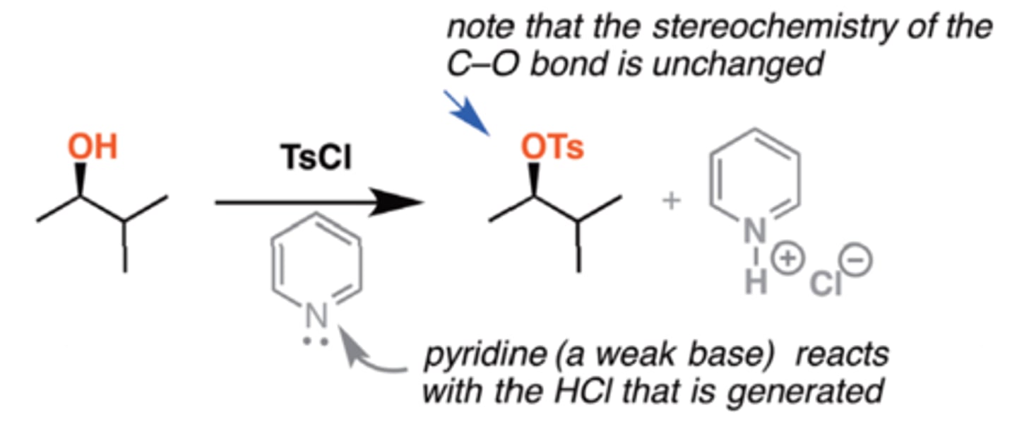 <p>- Tosyl chloride will convert alcohols to sulfonates, which are exelent leaving groups in elimination and substitution reactions.</p><p>- Converts alcohols to alkyl tosylates.</p>