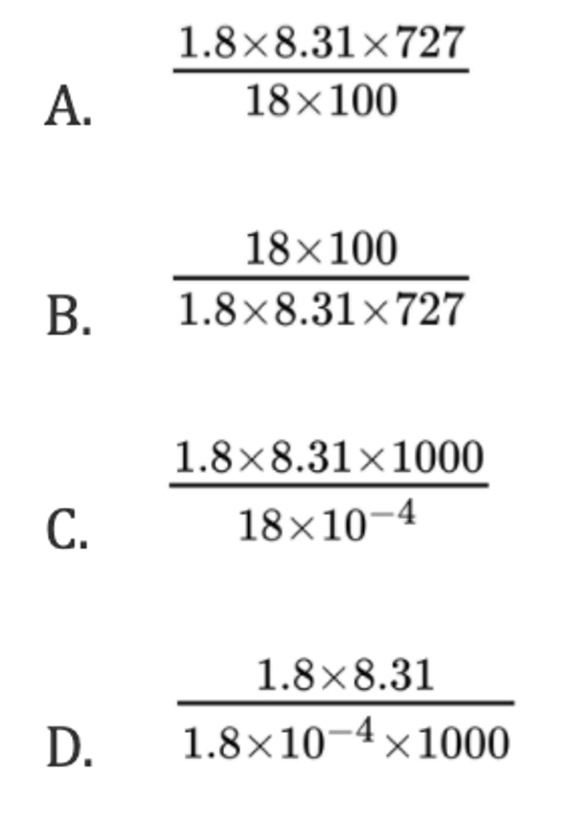 <p>What is the pressure, in Pa, in a 100 cm³ container containing 1.8 g of steam at a temperature of 727 °C? (R = 8.31 J K⁻¹ mol⁻¹)</p>