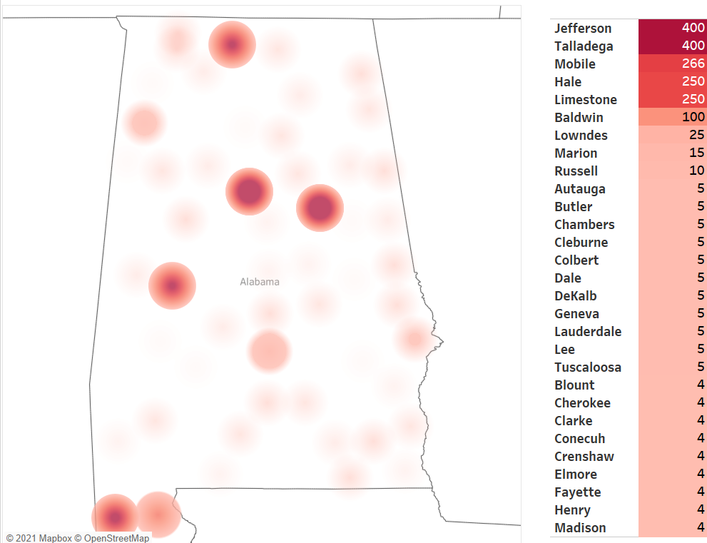 <p><span>&nbsp;A visual that uses color to draw attention to a "hot" spot, or a part of the visual that needs to be pointed out</span></p><ul><li><p><span>More dense/darker colors indicate a higher number of locations</span></p></li></ul><p></p>