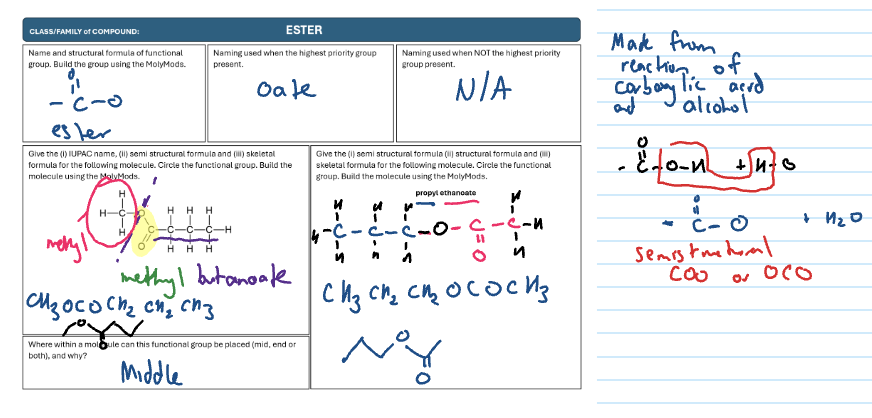 <p>COO</p><p>-oate</p><p>“yl” comes from alcohol which is the one without double bond O</p><p>“oate” comes from carboxylic acid which is the one with double bond</p>