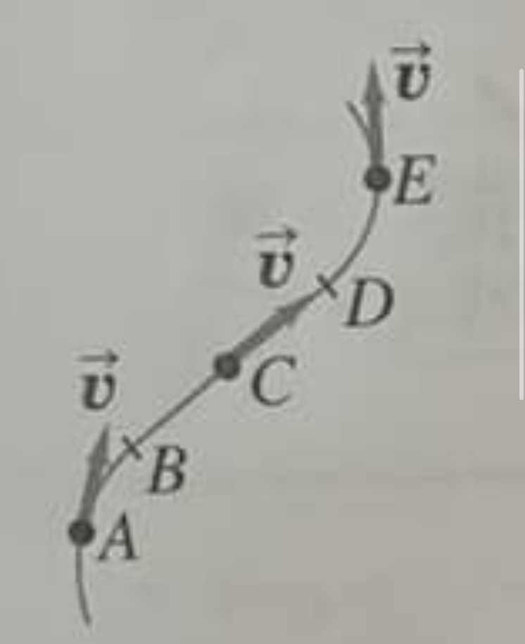 <p>The motion diagram shows an object moving along a curved path at a constant speed. At which of points A, C, and E does the object have zero acceleration?</p><div data-type="horizontalRule"><hr></div><p></p><p>A) Point A only</p><p>B) Point C only</p><p>C) Point E only</p><p>D) Point A and C only</p><p>E) Points A, C, and E</p>