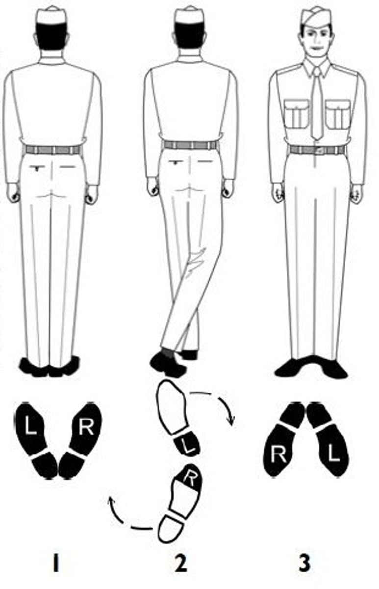 <p>The command is ABOUT, FACE. On the command FACE, lift the right foot from the hip just enough to clear the ground. Without bending the knees, place the ball of the right foot approximately half a shoe length behind and slightly to the left of the heel. Distribute the weight of the body on the ball of the right foot and the heel of the left foot. Keep both legs straight, but not stiff. The position of the foot has not changed. This completes count one of the movement. Keeping the upper portion of the body at the position of attention, pivot 180 degrees to the right on the ball of the right foot and heel of the left foot, with a twisting motion from the hips. Suspend arm swing during the movement, and remain as though at attention. On completion of the pivot, heels should be together and on line and feet should forma 45-degree angle. The entire body is nowat the position of attention. This completes count two of the movement.</p><p>https://www.youtube.com/watch?v=T0QP6_5Ky4Q 1:10-end</p>