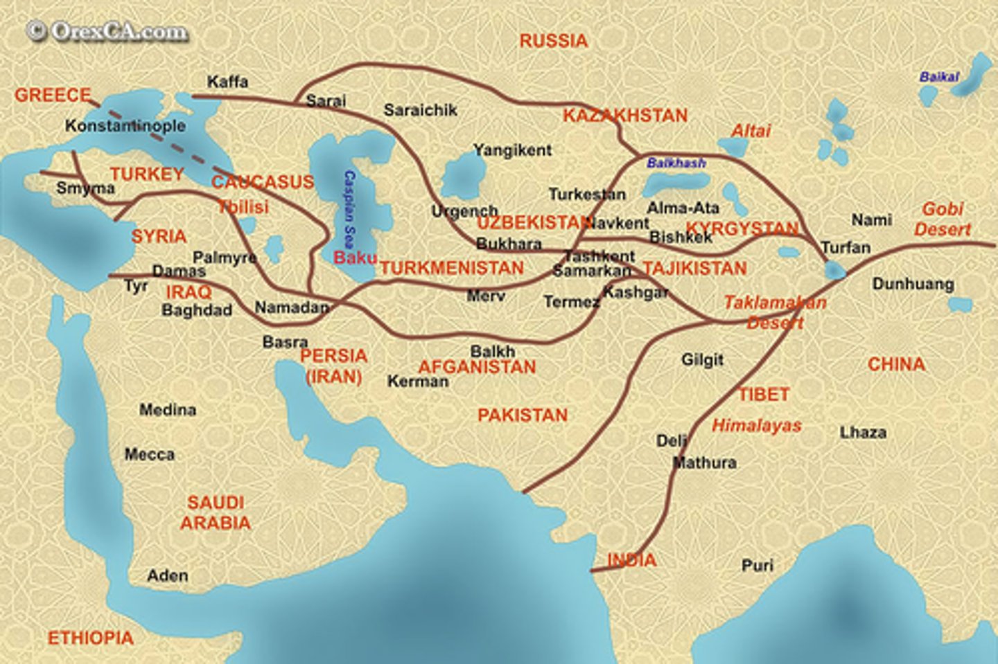 <p>system of ancient caravan routes across Central Asia, along which traders carried silk and other luxury trade goods; known for spreading religions such as Buddhism, Christianity, and Islam as well as technological transfers (gunpowder, paper, the compass from China to the West) and diseases like the Bubonic plague</p>