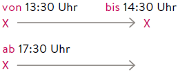 <p>von 8 Uhr bis 9 Uhr<br>ab 8 Uhr (dla teraźniejszości i przyszłości)</p>