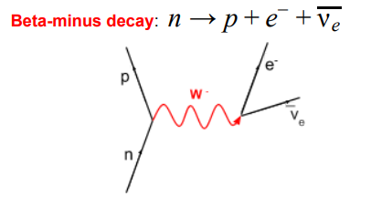 <p>A nucleus converts into a proton and emits a W- boson which then decays into an e- and electron anti neutrino.</p>