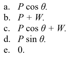<p>The figure shows that a push of magnitude P acts on a box of weight W. The push is directed at an angle θ below the horizontal, and the box remains at rest. The box rests on a horizontal surface that has some friction with the box. The friction force on the box due to the floor is equal to</p><img src="https://knowt-user-attachments.s3.amazonaws.com/29dc0862-d4da-4a52-946d-3c417106733e.png" data-width="100%" data-align="center"><p></p>