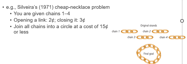<p><span><span>•The phenomenon that sometimes solutions to a particular problem come easier after a period of time in which one has ignored trying to solve the problem</span></span></p><p><span>Instead, you can:</span></p><ol><li><p><strong><span>Open all 3 links from one chain</span></strong><span> → 3 × 2¢ = </span><strong><span>6¢</span></strong></p></li><li><p><span>Use those 3 open links to </span><strong><span>connect the other 3 chains together</span></strong><span>:</span></p><ul><li><p><span>Each open link is used to </span><strong><span>close a gap between chains</span></strong><span> → 3 × 3¢ = </span><strong><span>9¢</span></strong></p></li></ul></li><li><p><strong><span>Total cost: 6¢ + 9¢ = 15¢</span></strong><span> </span><span data-name="check_mark_button" data-type="emoji">✅</span></p></li></ol><p><span><span>•Three groups of participants (they all worked on the problem for 30 min)</span></span></p><p><span><span>•Control: continuous 30 min&nbsp; 55%</span></span></p><p><span><span>•Group 1: interrupted by 30-min of other activities&nbsp; 64%</span></span></p><p><span><span>•Group 2: interrupted by a 4-hour break &nbsp; 85%&nbsp;</span></span></p><p></p><p><span><span>•Incubation effects occur because people forget inappropriate ways of solving problems</span></span></p>