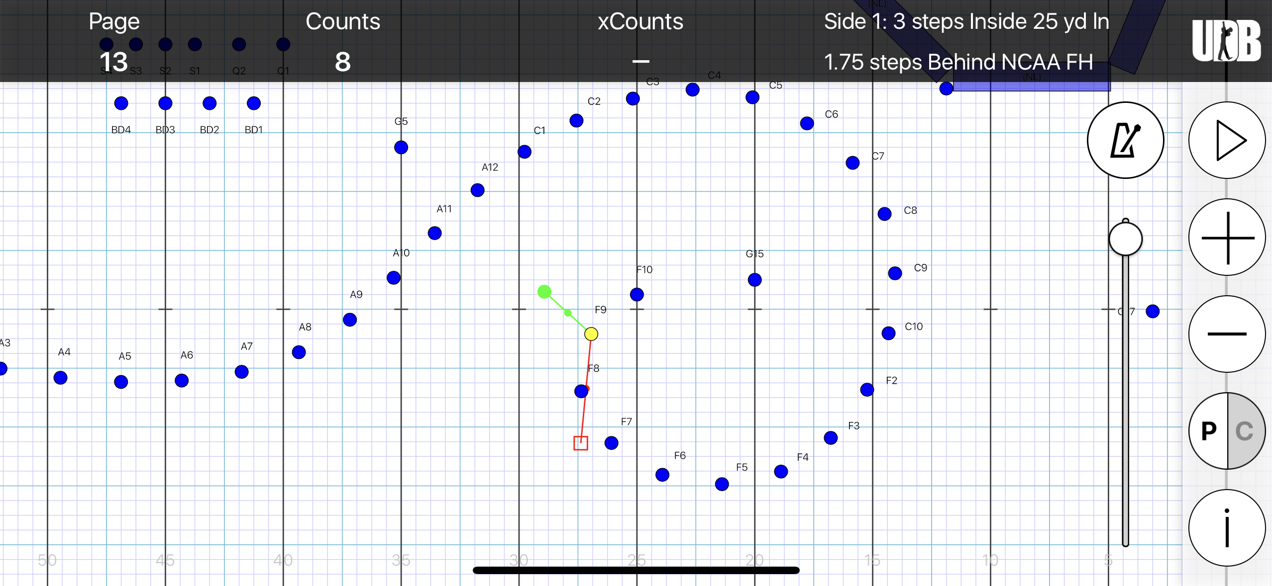 <p>STS: Side 1, 3 steps inside 25 yd ln</p><p>FTB: 1.75 seps behind FH</p><p>SS: 8.5 to 5 for 16 counts</p><p>XC: N/A</p>