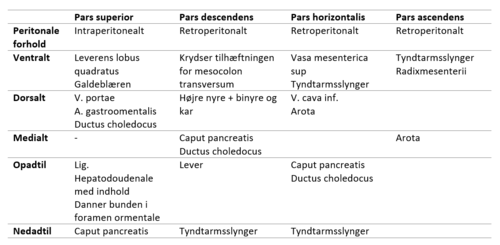 >>> Pars superior duodeni er den eneste del af duodenum der ligger intraperiotenalt <<<

Derfor er pars superior duodeni således fri og mobil i forhold til resten. 

Pars superior duodeni er på for- og
bagfladen beklædt med peritoneum hvor den *øverste kant danner lig. hepatoduodenale* og *nederste kant går over i omentum majus*.

Resten af duodenum er således retroperitonealt beliggende (sekundært retroperitonealt).

Hele duodenums forflade er således peritonealbeklædt med undtagelse af
- Tilhæftningen af mesocolon transversum
- Tilhæftningen af mesenteriet