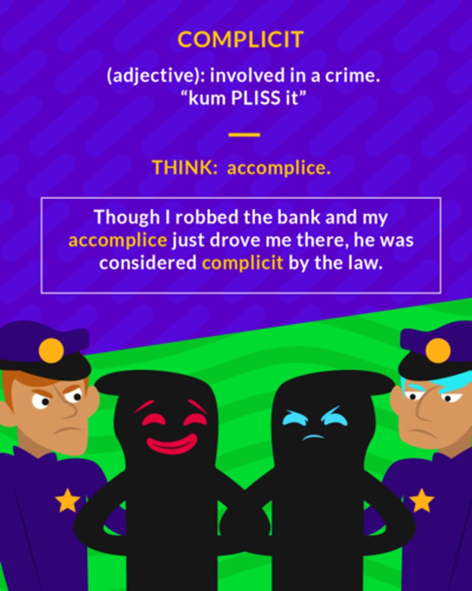 <p>(n.) involvement in wrongdoing; the state of being an accomplice</p>