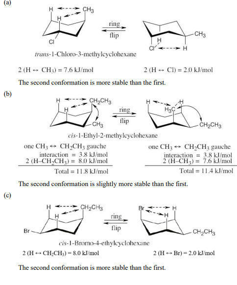 <p>Draw the more stable chair conformation of the following molecules, and estimate the amount of strain in each: </p><p>(a) trans-1-Chloro-3-methylcyclohexane </p><p>(b) cis-1-Ethyl-2-methylcyclohexane </p><p>(c) cis-1-Bromo-4-ethylcyclohexane </p><p>(d) cis-1-tert-Butyl-4-ethylcyclohexane</p>