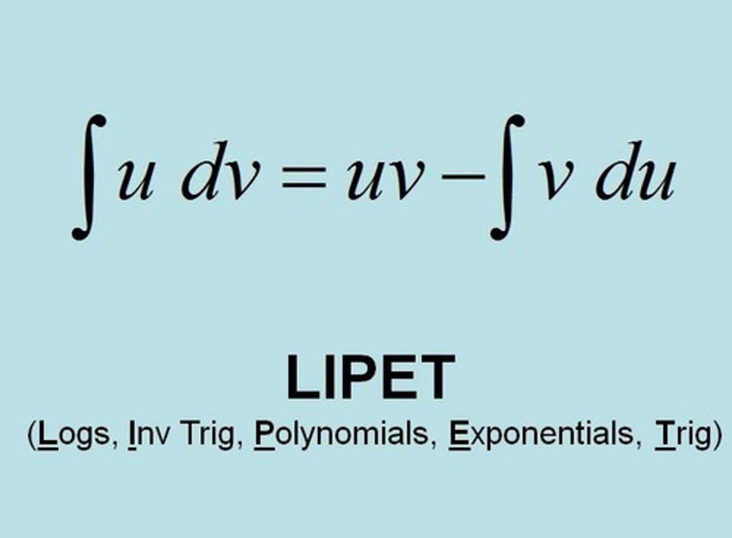 <p>∫u dv= uv-∫vdu<br><br>u= use LIPET<br>dv= rest of integrand given</p>
