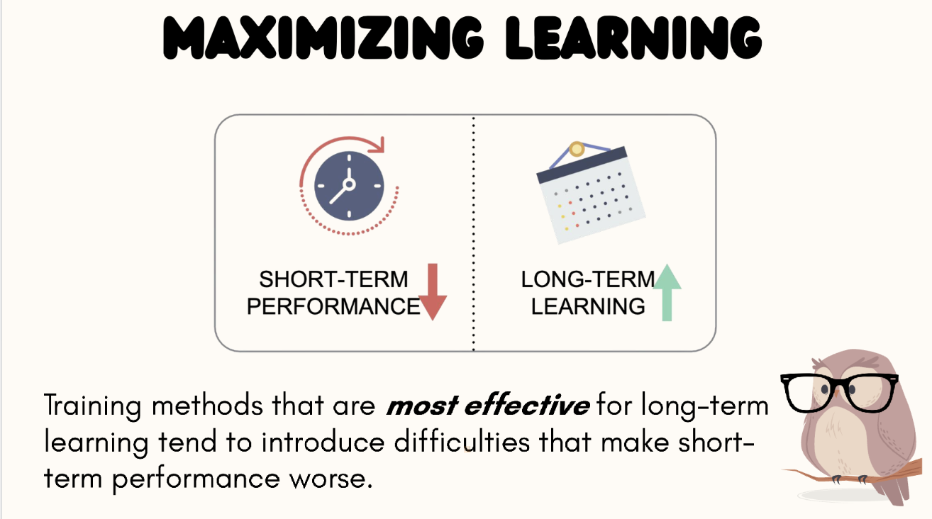 <p>Desirable because they trigger encoding and retrieval processes that support learning, comprehension, and remembering.</p><ul><li><p>If learning doesn’t have background knowledge or skills to respond to them, they become undesirable difficulties.</p></li></ul><p></p>
