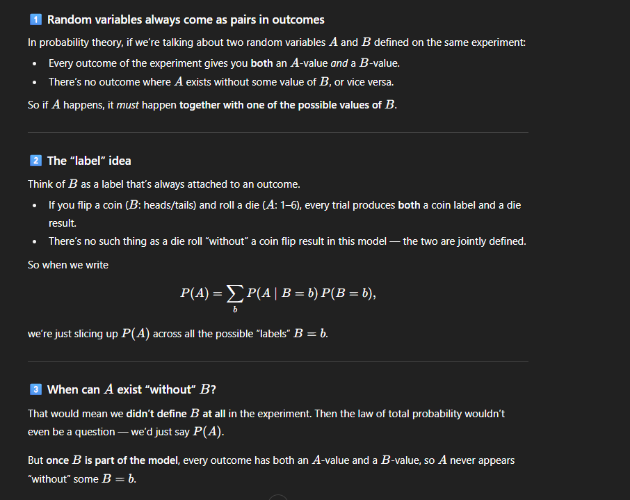 <p>Sum_b(P(A|B=b)P(B=b))</p><p></p><p>there is an intuitive explanation in the provided image, read it.</p>