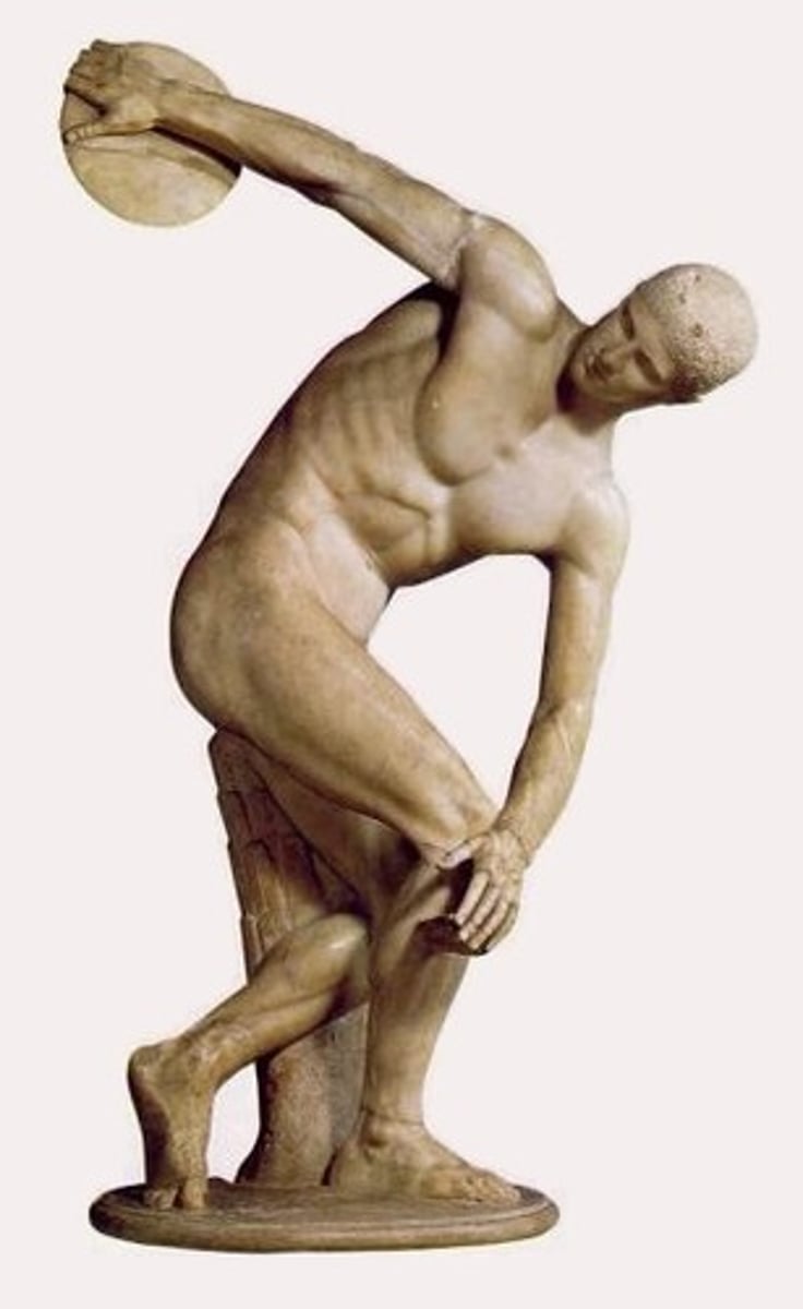 <p>Myron, 450 BC</p><p>Roman marble copy of the bronze original (copy of a copy of a copy...), no one able to do it like Myron, ideal/embodiment of "athleticism", at greatest potential energy to be released</p>
