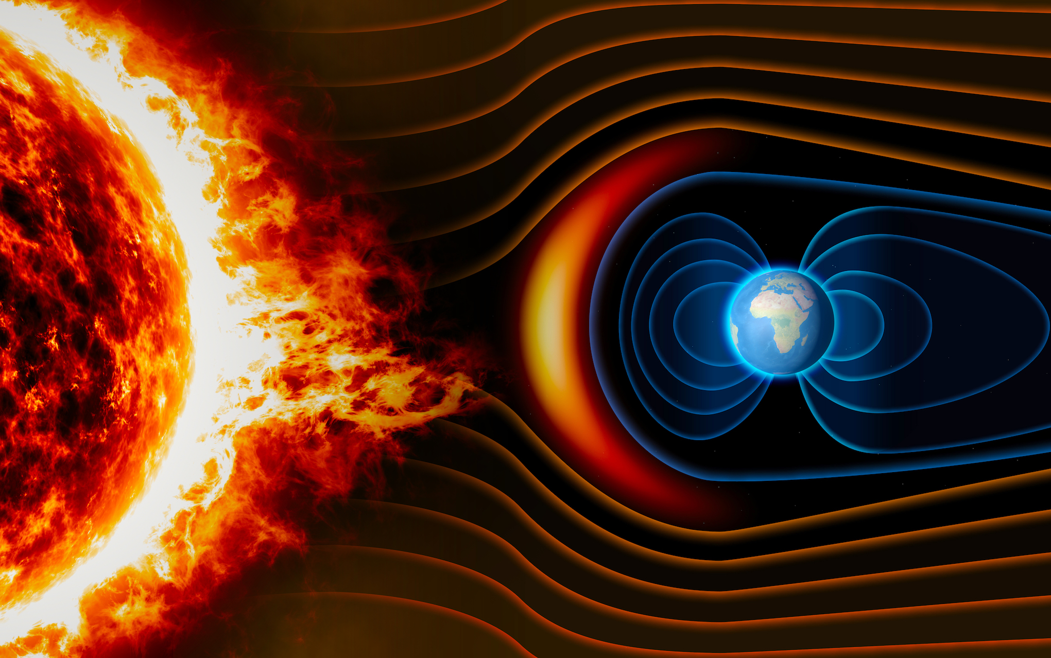 <p>The free charges in the liquid core moves around due to earths roation which creates a magnetic field that protects us from solar wind and other particles </p>