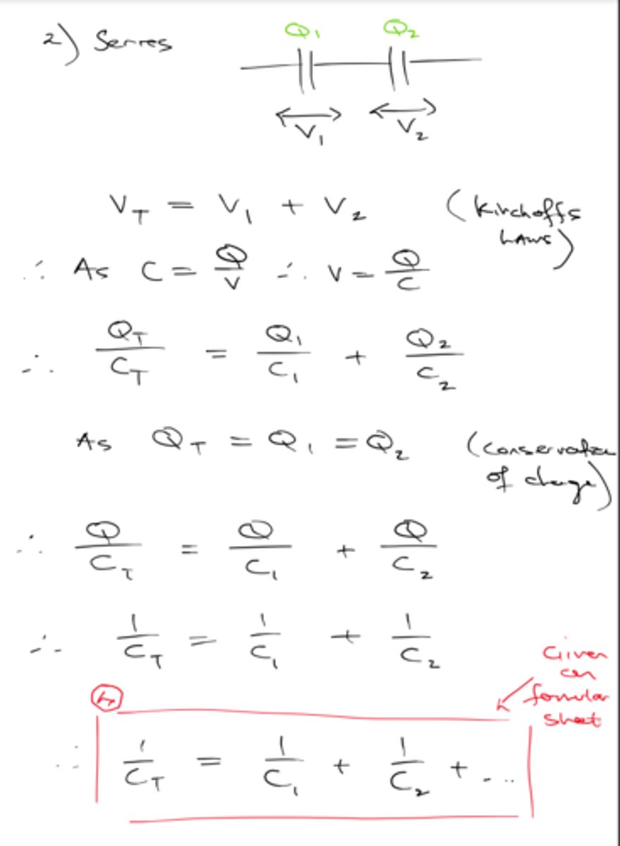 <p>in series, charge is constant</p><p>V = V1 + V2...</p>