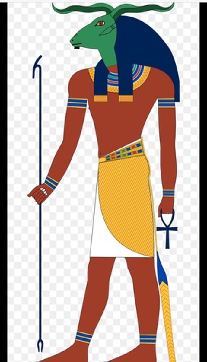 <p>shown as a ram, creator of mankind</p><p>- god associated with the Nile River, fertility, pottery, and creation, often depicted as a ram-headed deity or as a man with a ram's head.</p><p>-He was believed to mold human bodies from clay on his potter's wheel and breathe life into them, symbolizing the act of creation and fertility.</p><p>-Khnum was worshipped primarily in Upper Egypt, particularly at the Elephantine Island sanctuary near Aswan, where he was revered as the guardian of the Nile's inundation and the source of fertility and abundance.</p><p>-He was also associated with the annual flooding of the Nile, which was essential for agriculture and the prosperity of ancient Egyptian civilization.</p>