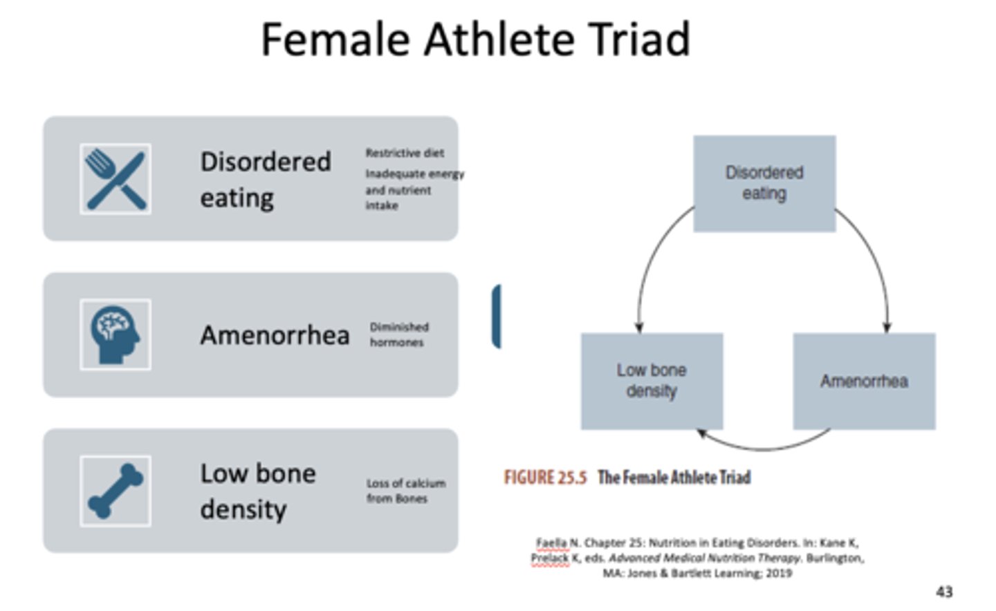 <p>- Disordered eating</p><p>- Amenorrhea (diminished hormone)</p><p>- Low bone density (loss of calcium from bones)</p>