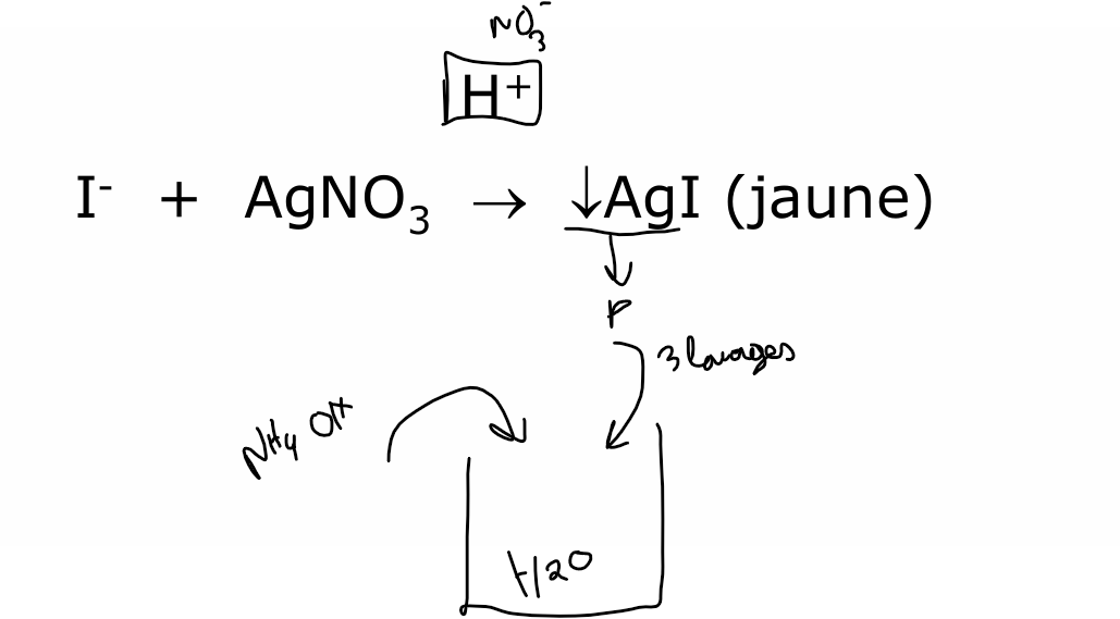 <p>le précipité reste stable et ne se dissout pas malgré NH4 OH ajout</p><p>A l’abri de la lumière car AgNO3 peut faire photo réaction —&gt; Ag 0 </p>