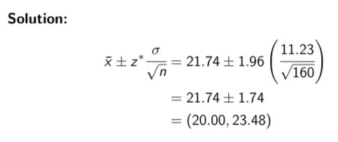 <p><span>This example shows that a higher sample size results in a lower margin of error (and hence a narrower confidence interval)</span></p><ul><li><p><span>when n = 40, m = 3.48 vs when n = 160, m = 1.74</span></p></li></ul><p></p>