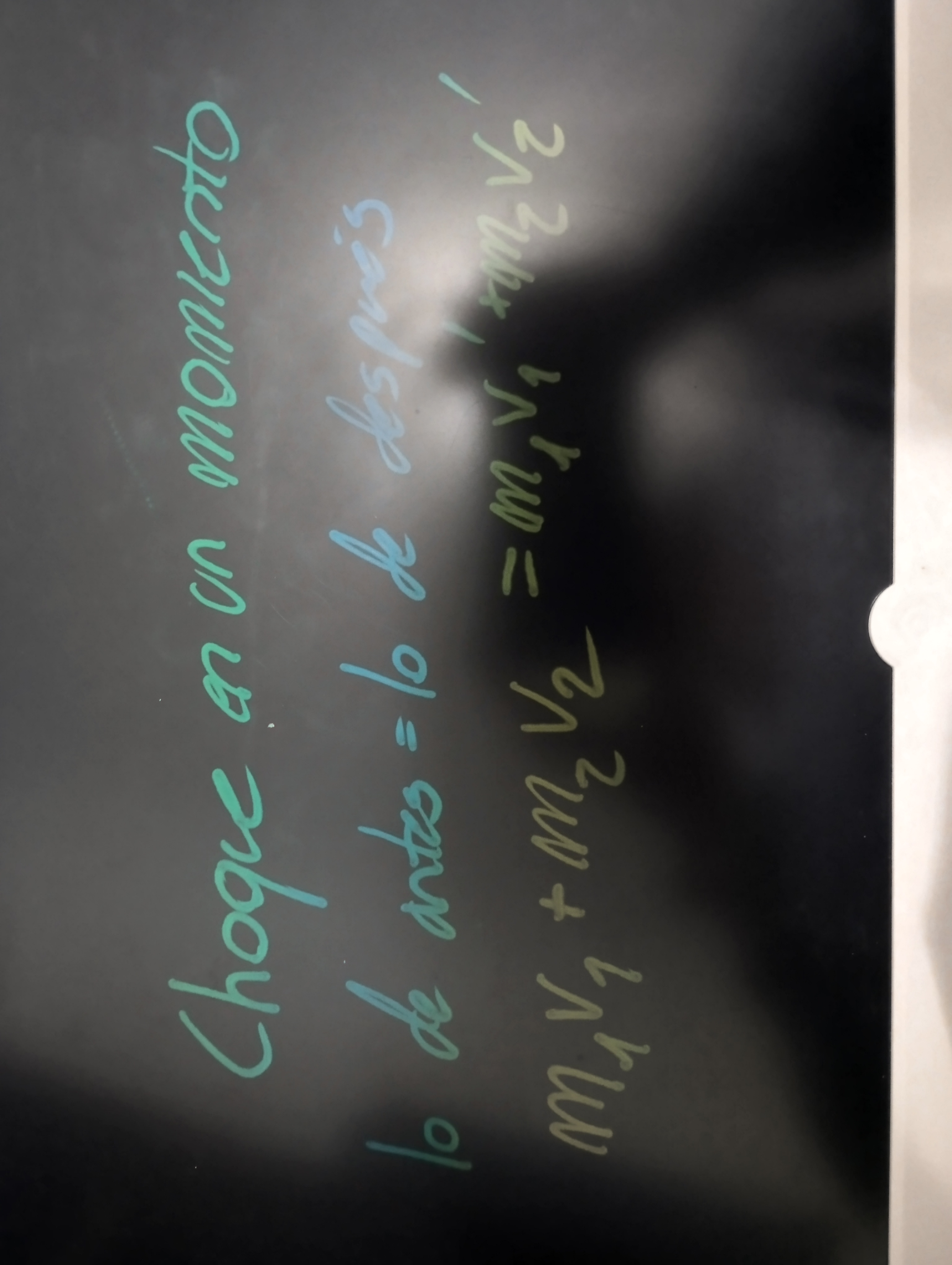 <p>Lo de antes = lo de después </p><p class="has-focus"></p><p class="has-focus is-empty">Mv1 + mv2 = mv'2' + mv2’</p>