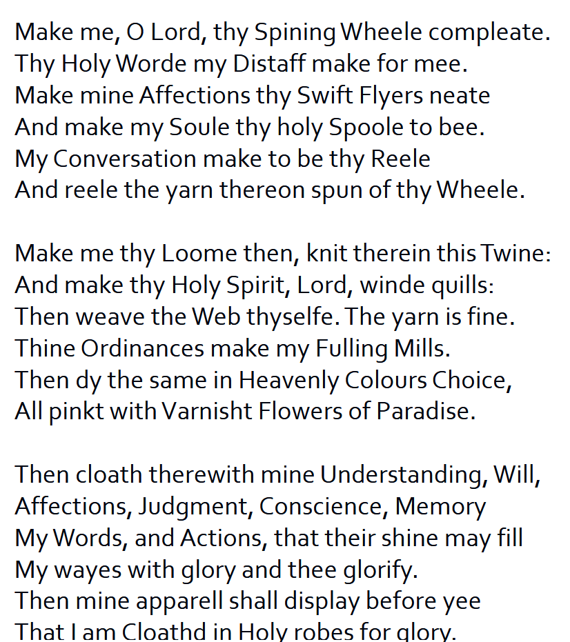 <p>conceit: elaborate, extended metaphor of the spinning wheel </p><ul><li><p>a day to day activity, labour; important to Puritans</p></li></ul><p></p>