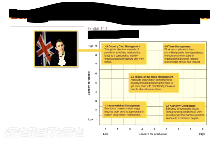 <p>5 styles of leadeship (concern for production vs concern for people)  </p>