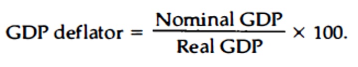 <p>GDP deflator= Nominal GDP/Real GDP x 100</p>