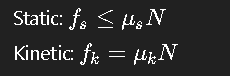<p>Static friction = the friction when the object is at rest(fs =&lt;<span>μs​N)</span><br>Dynamic/Kinetic friction = friction when objest is moving(<span>fk​=μk​N)</span><br><span>μ = coefficient</span></p><p><span>More force needed to make the object move when it is static, than when the object is already moving.</span></p>