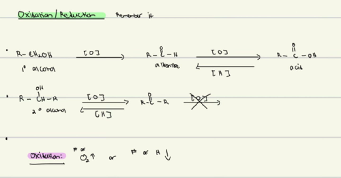 <p>Oxidation: number of oxygen increases OR number of hydrogen decreases</p>