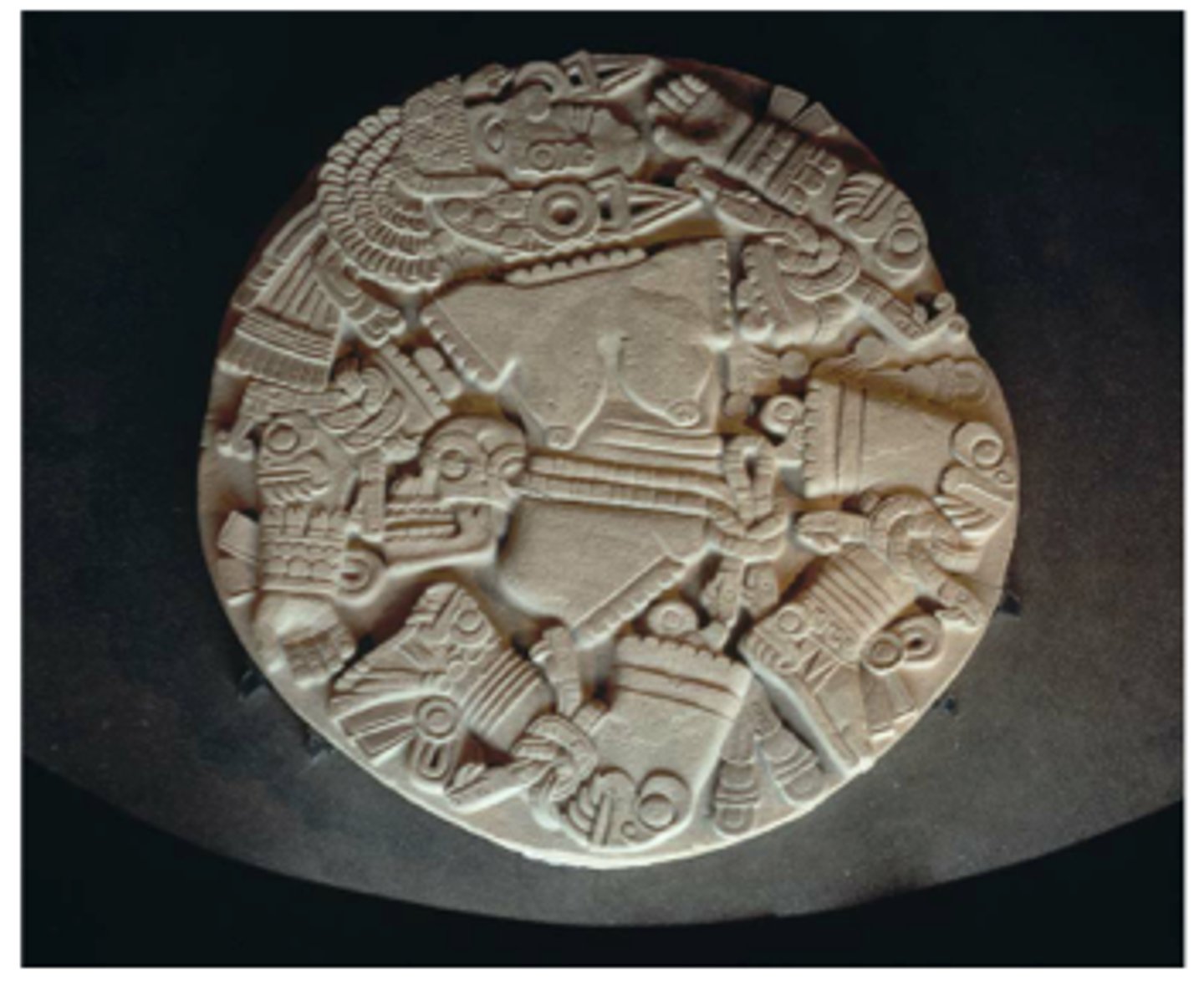 <p>AZTECS! Volcanic stone<br><br>Cicular relief sculpture depicting aztec mythology!!!! Coyolxauqui+brothers murdering Coatlique, and those parts becoming gods<br>Figure is NAKED (embarrasing)<br><br>Stones purpose enemies were sacraficed, bodies were thrown below.</p>