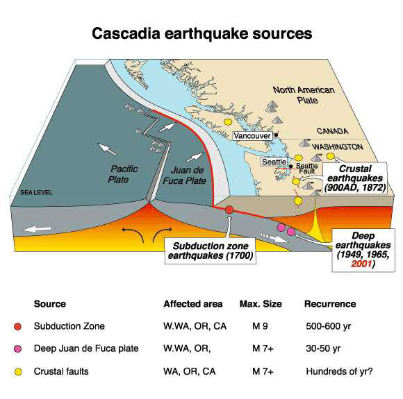 <ul><li><p>Subduction</p></li><li><p>Deep Juan de Fuca plate movement</p></li><li><p>Crustal faults</p></li></ul><p></p>