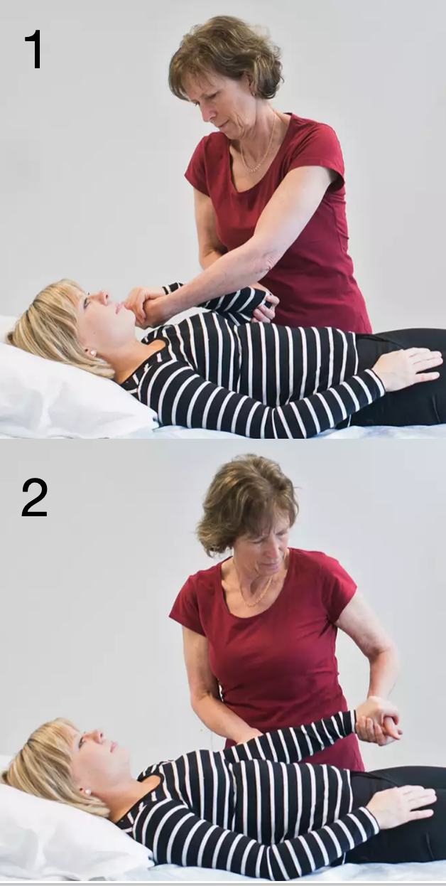 <p>Med grepp om patientens armbåge och hand/handled: </p><ol><li><p>Böj armbågen med handflatan upp</p></li><li><p>Sträck armbågen med handflatan nedåt</p></li></ol>